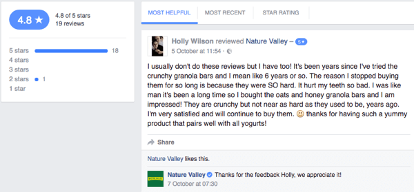 A Nature Valley ügyfele ügyfél-véleményt hagy a vállalat Facebook oldalán.