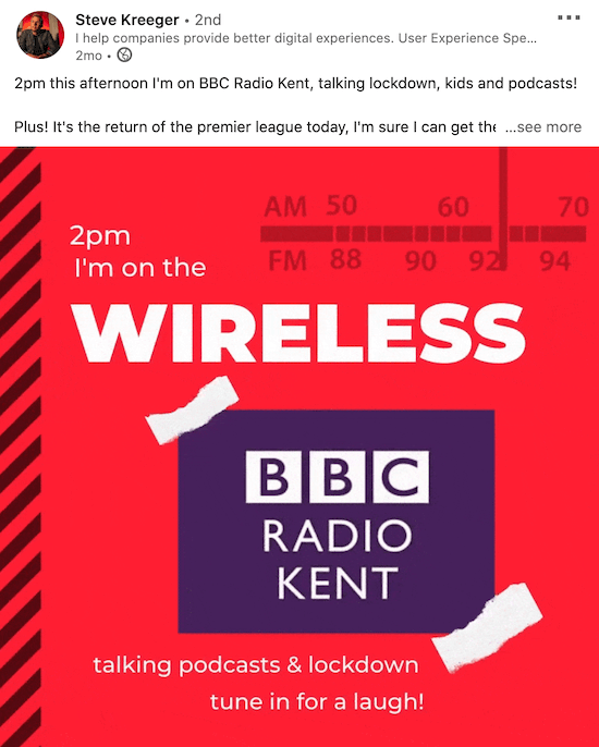 példa Steve Kreeger linkedin videójára, amely podcast megjelenést hirdet a BBC rádió kent-en