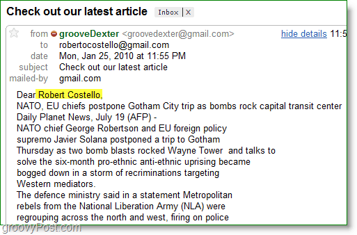 Outlook 2010 képernyőkép – példa egy személyre szabott tömeges e-mailre
