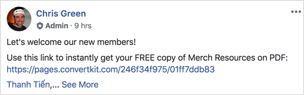 Ez a Facebook-csoportos bejegyzés fogadja az új tagokat, és emlékezteti őket egy ingyenes PDF-fájl letöltésére.