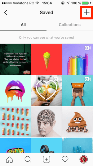 Érintse meg a + jelet az Instagram Mentett képernyő jobb felső sarkában.