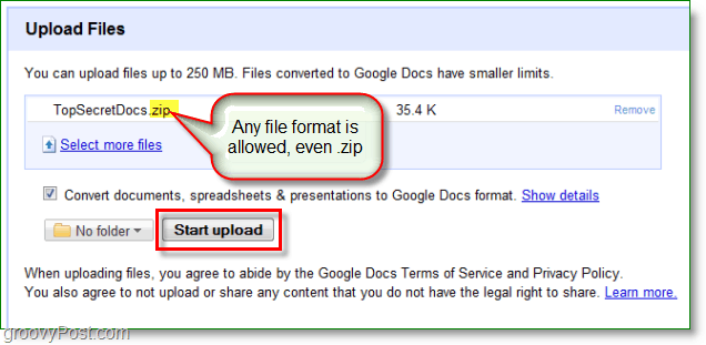 A Google Docs képernyőképe - feltöltött egy ZIP-fájlt