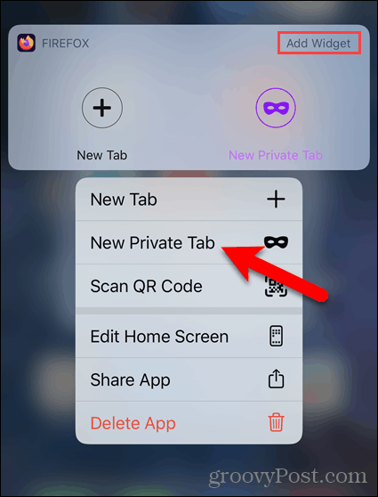 Hosszan nyomja meg a Firefox ikont, és válassza az Új privát fül lehetőséget az iOS rendszeren