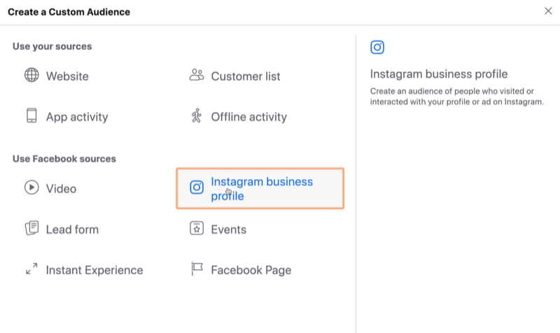 válassza az Instagram Business szolgáltatást a Facebook egyéni közönségének forrásaként