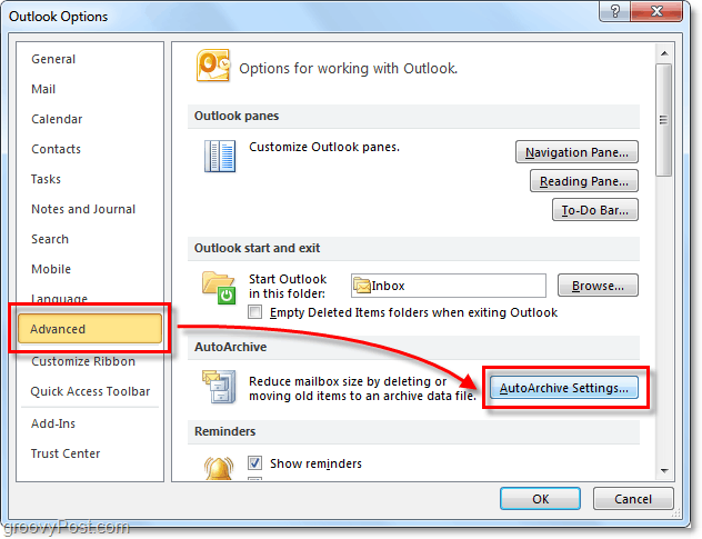 Haladó> Autoarchive beállítások az Outlook 2010-ben