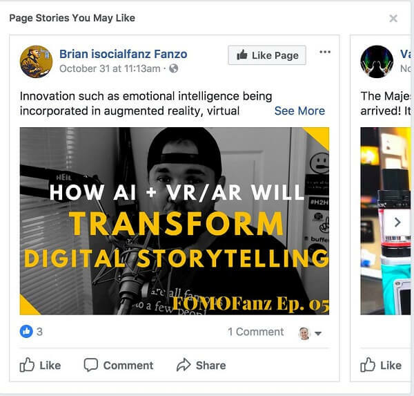 A Facebook a hírcsatornájában található bejegyzések között a „Tetsző oldalak történeteit” javasolja.