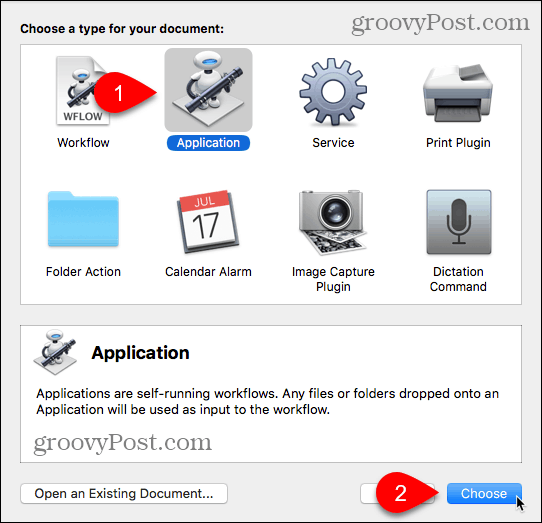 Válassza az Alkalmazás típusát az Automator for Mac alkalmazásban