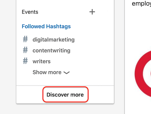 A LinkedIn hashtagek szakasza a kezdőlapon