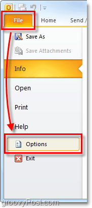 Fájl> Opciók az Outlook 2010 programban
