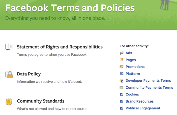 A Facebook felvázolja az összes feltételt és irányelvet, amelyet ismernie kell.