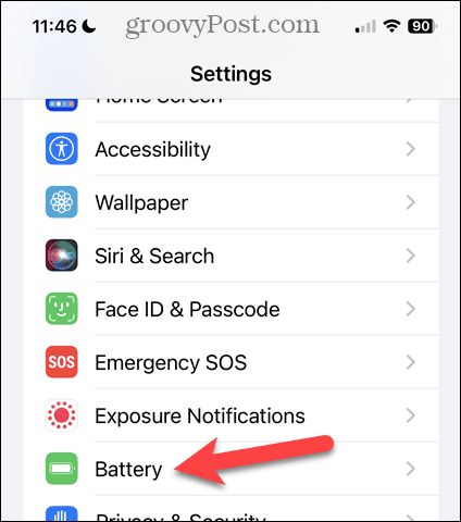 Érintse meg az Akkumulátor elemet az iPhone Beállítások képernyőjén