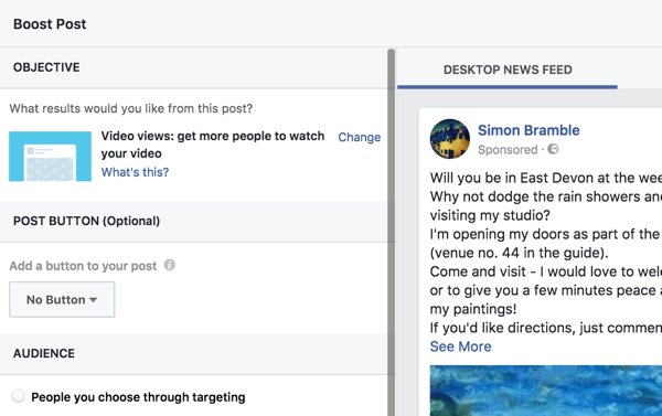 A Facebook megkönnyíti a fokozott bejegyzések beállítását azáltal, hogy végigvezeti Önt a lehetőségeken.
