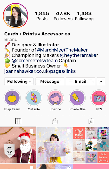 példa az Instagram üzleti fiók életrajzára hangulatjelekkel