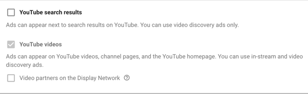 A YouTube hirdetési kampány beállítása, 11. lépés: állítsa be a hálózati megjelenítési lehetőségeket