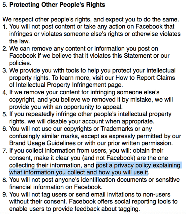 Facebook feltételek, amelyek felvázolják az adatvédelmi irányelvek követelményeit.