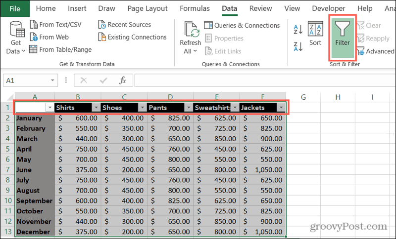 Szűrők engedélyezése az Excelben