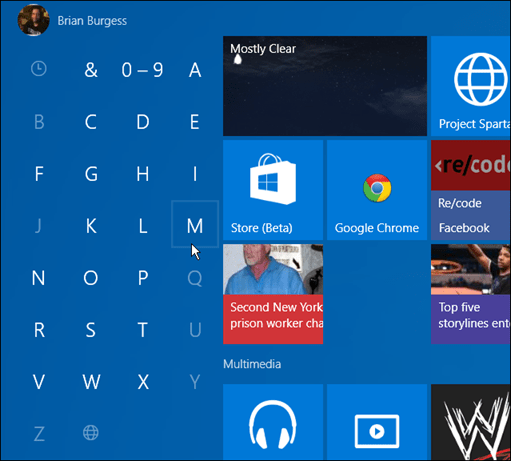 alkalmazások első betűvel a Windows 10 Start