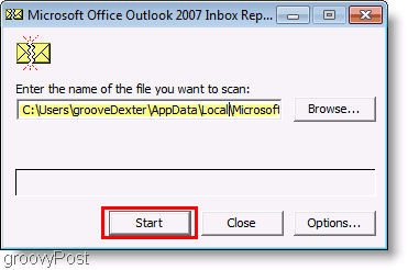 Képernyőkép - Outlook 2007 ScanPST javító fájl