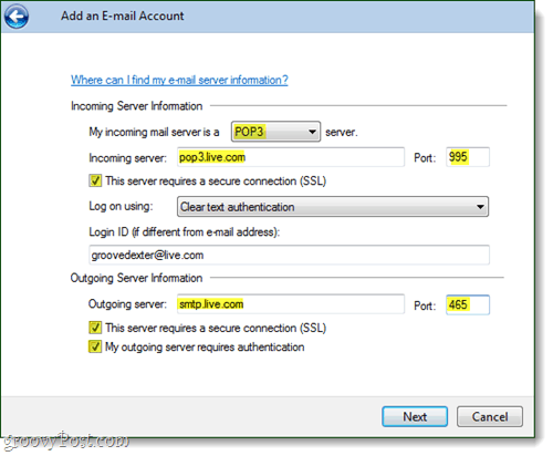 Windows Live mail https e-mail fiók beállításai