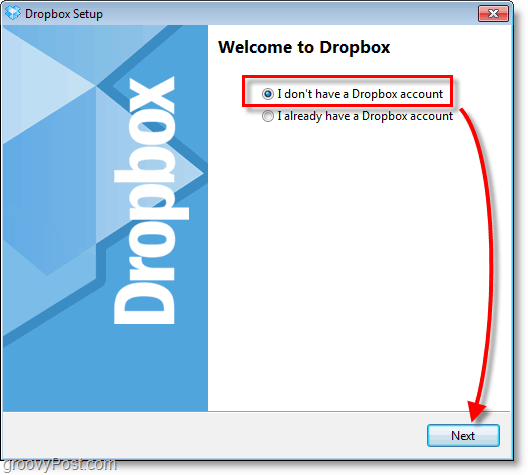 Dropbox képernyőképe - válassza ki az új fiók létrehozását