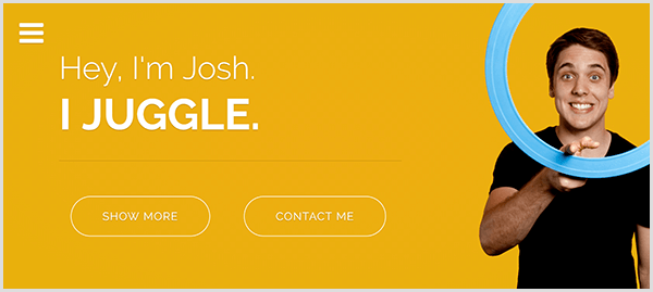 Josh Horton zsonglőrködéssel foglalkozó weboldalán sárga háttér látható, Joshról készült fotó mosolyogva világoskék cselgáncsgyűrűt forgat a mutatóujja körül, és fehér szöveget írnak, hogy Hé vagyok Josh. Zsonglőrködöm.