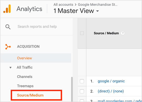 Nyissa meg a Google Analytics szolgáltatást, és válassza az Akvizíció> Összes forgalom> Forrás / médium lehetőséget.