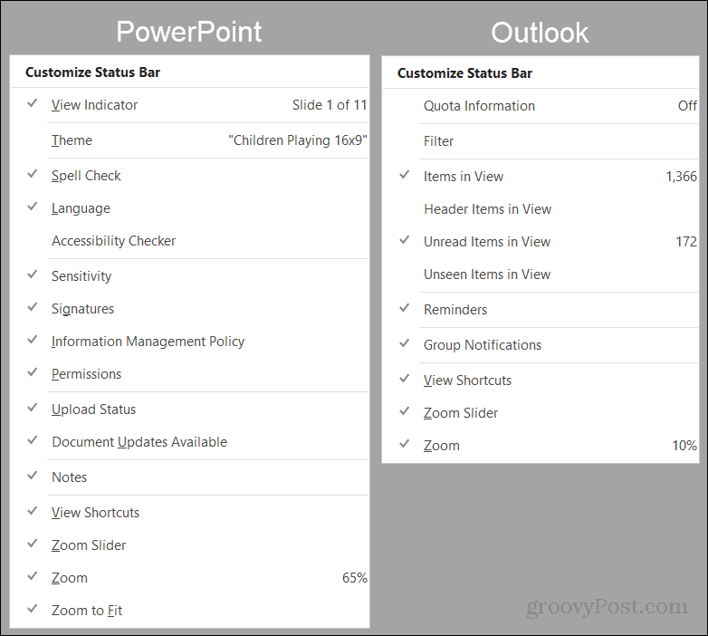 PowerPoint és Outlook állapotsor beállításai