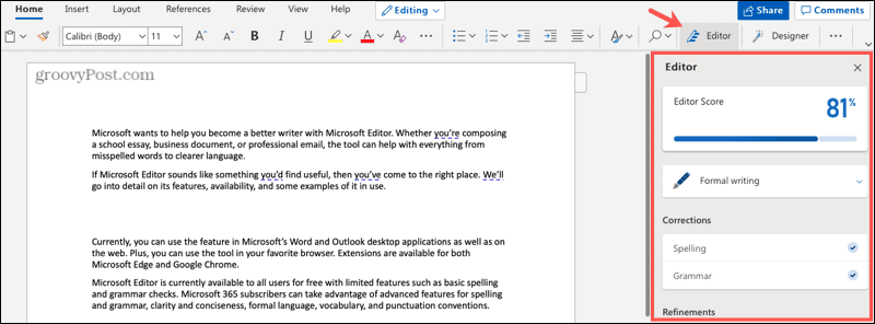 Microsoft szerkesztő a webes Word-ben