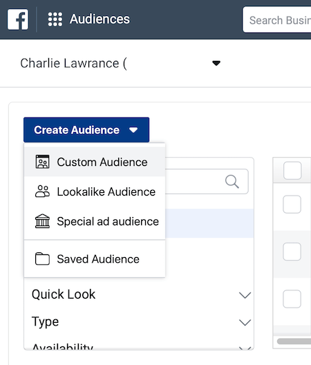 Hozzon létre Közönség legördülő menüt a Facebook Ads Manager Közönség szakaszában