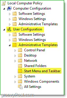 a Windows 7 helyi csoportházirend-ablakában keresse meg a felhasználói konfigurációt, az adminisztrációs sablonokat, majd indítsa el a menüt és a tálcát