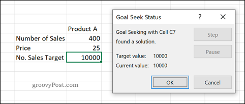 Az Excelben a Célkeresés eszköz előnézete