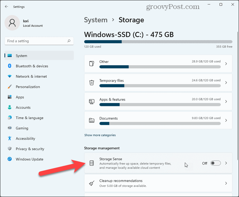 Kattintson a Storage Sense elemre a Windows 11 beállításaiban