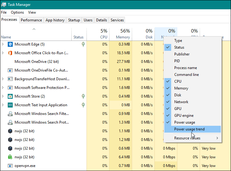 Adja hozzá a Windows 10 1809 Power Monitor oszlopát