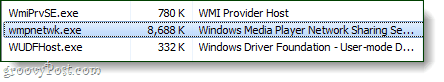 Windows Media Player hálózati megosztási szolgáltatás a feladatkezelőben