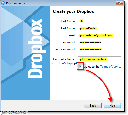 Dropbox képernyőképe - adja meg a fiókja adatait