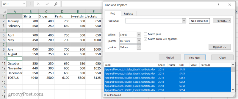 Keressen üres sorokat az Excelben