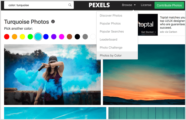 A Pexels a fotókat szín szerint rendezi