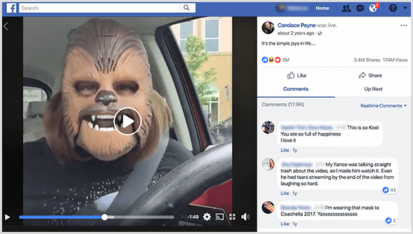 Candace Payne a Kohl parkolójának Chewbacca-maszkjában élőben élt a Facebookon. A képernyőkép készítésekor a videó 3,4 millió megosztás és 174 millió megtekintés volt.