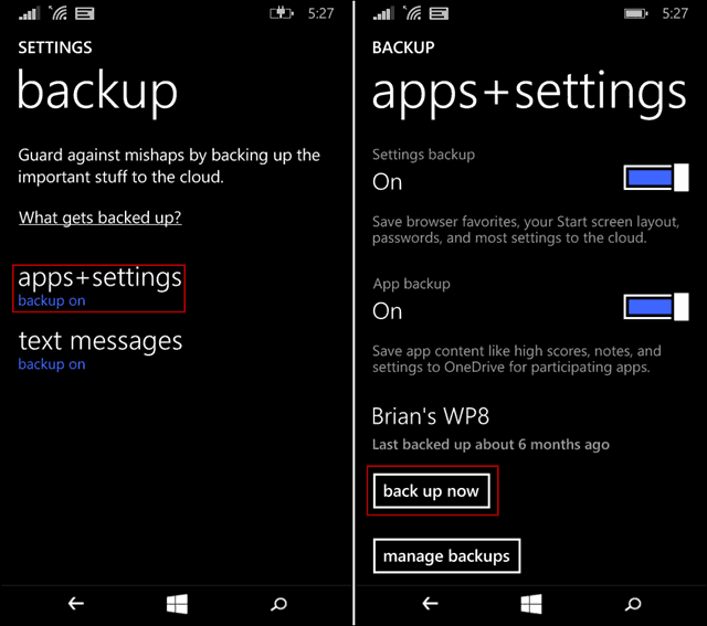 készítsen biztonsági másolatot a Windows Phone-ról