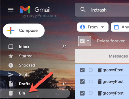 Nyissa meg a Kuka (Bin) mappát a Gmailben