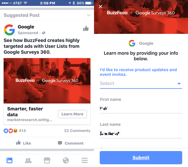 Amikor a felhasználók egy lead-hirdetésre kattintanak, a Facebook automatikusan kitölti az információkat az űrlapon, hogy megkönnyítse a feliratkozási folyamatot.