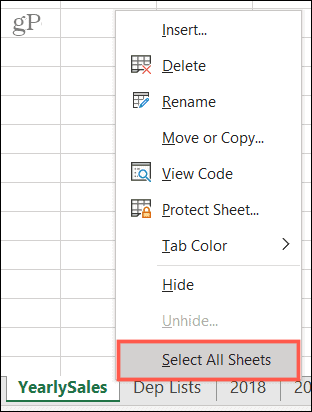 Válassza az Összes lap elemet az Excelben