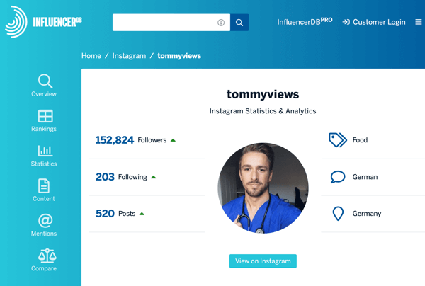 Hogyan lehet toborozni fizetős társadalmi befolyásolókat, példa az InfluencerDB profilra a tommyviews számára
