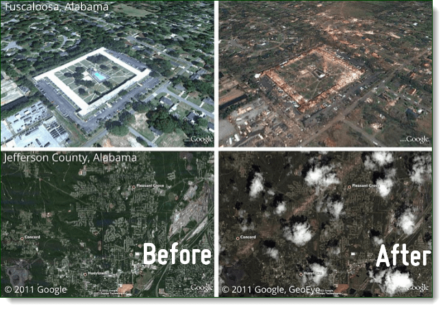 Lásd: A legutóbbi alabamiai tornádók következményei a Google Earth Picasa szolgáltatásán keresztül