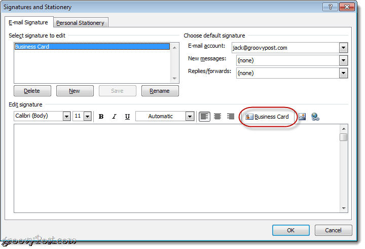 Csatlakoztasson névjegykártyát az Outlook 2010 e-mail aláírásához