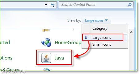Képernyőkép: Windows 7 Vezérlőpult Indítsa el a Java alkalmazást