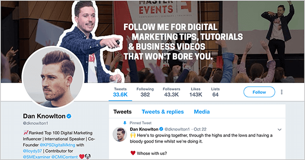 Ez egy képernyőkép Dan Knowlton Twitter-profiljáról (@ dknowlton1). A borítókép két rétegű. A háttérfotón Dan látható egy esemény színpadán, mielőtt az emberek tömege felemelné a kezét. A fénykép fényereje visszaszorul, így sötétnek tűnik. Az előtérben Dan fényképe deréktól felfelé, és jobb karjával a teste előtt a következő fehér felé mutat szöveg: „Kövess engem digitális marketing tippekért, oktatóanyagokért és üzleti videókért, amelyek nem fognak unatkozni.” Dan profilképén az arca a bal. Rövid haja és rövid szakálla van. Rögzített tweetje azt mondja: „Itt van a növekedés a magasságon és a mélyponton keresztül, és véresen jól érezzük magunkat, miközben csináljuk. Kinek [sic] velünk? ”