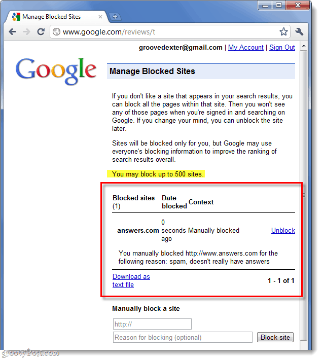 a google blokkolt webhelyeinek listája