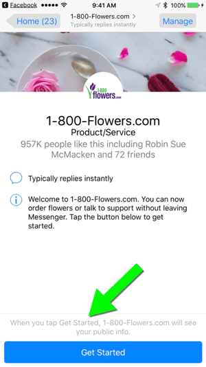 Üzenet küldése az 1-800-Flowers.com címre a Facebook-oldalukon keresztül megkönnyíti a felhasználók ügyfelévé válását.