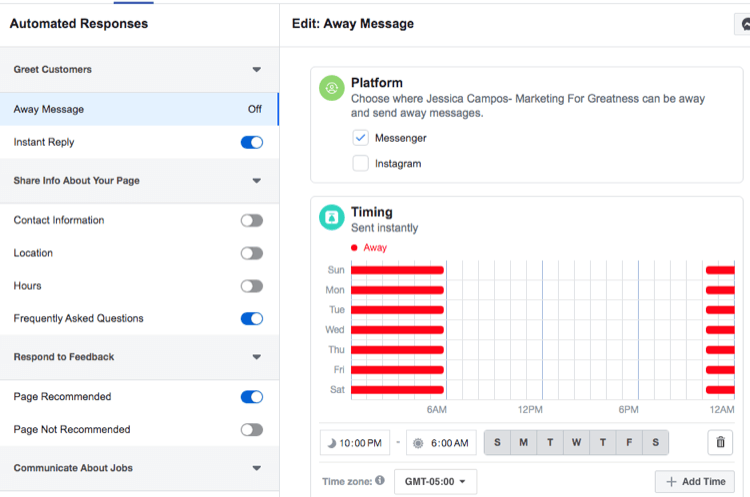 képernyőkép a Facebook Messenger távoli üzenetek automatikus válaszának időzítési beállításairól